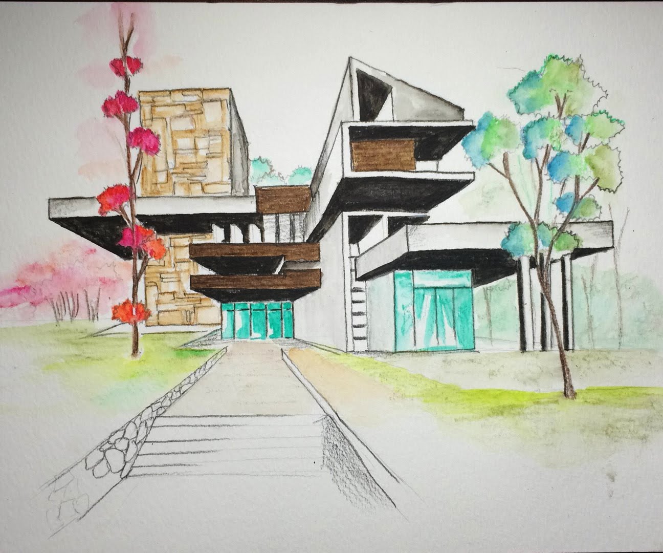 1296x1080 Watercolor Pencil Art 2 Architectural Freehand One Point