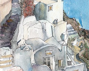 340x270 Watercolor Sketch Santorini Greece Architecture Etsy