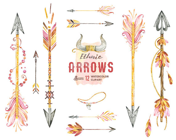570x453 Ethnic Arrows. 12 Watercolor Hand Painted Clipart Elements