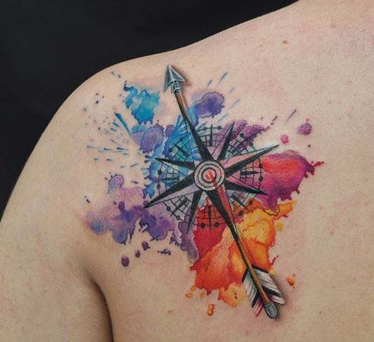 532x487 Watercolor Compass And Arrow Nautical Tattoo On Back Shoulder