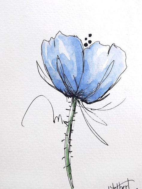 474x632 Poppy Flower Blue Original Watercolor Art Painting Pen And Ink
