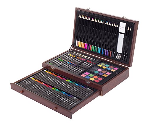 500x423 New Art Set 142 Piece Artist Kit Pencils Pastels Watercolor Wood
