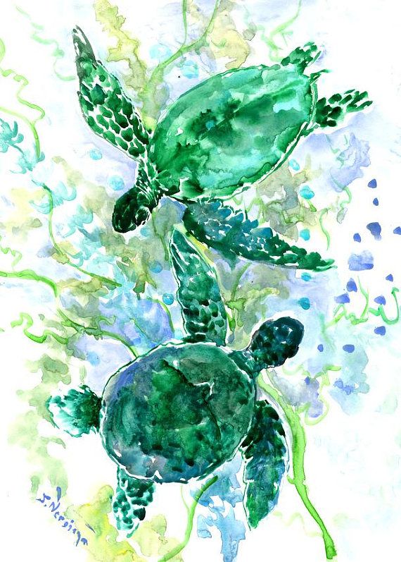 570x797 Sea Turtle Art, Original Watercolor Artwork Turquoise Blue Green