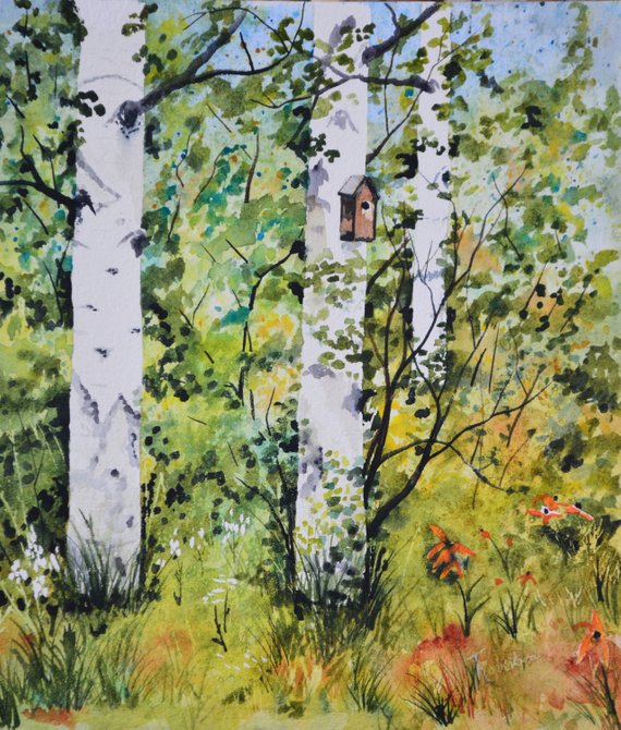 570x670 Original Art Painting Fine Art Watercolor Aspen Tree Bird Etsy