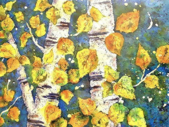 570x427 Watercolor Batik Aspen Trees Birch Tree Watercolor Batik Etsy