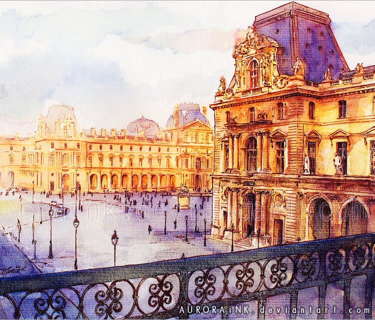 750x640 Louvre Watercolor Painting By Aurora Wienhold No. 2417
