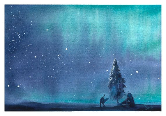 570x400 Northern Lights Watercolor Aurora Borealis Painting Night Etsy