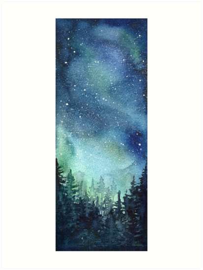 413x549 Watercolor Galaxy Nebula Aurora Northern Lights Painting Art