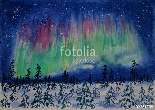 500x355 Winter Aurora Borealis Watercolor Painting Stock Photo And