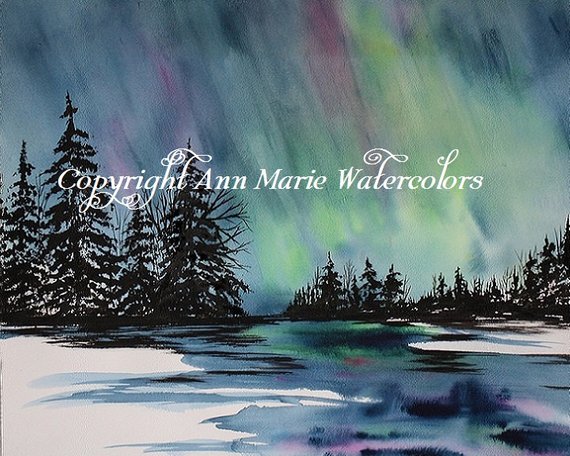 570x456 Aurora Borealis Northern Lights Landscape Watercolor Print Etsy