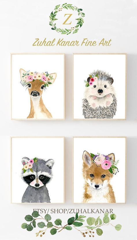 474x826 Baby Animals Print Set, Set Of 4 Prints, Baby Girl Nursery