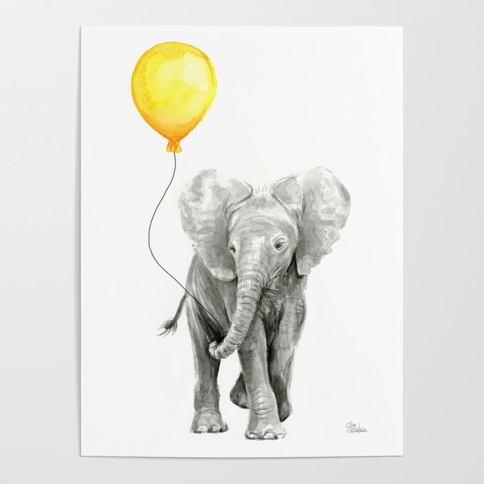 700x700 Elephant Watercolor Yellow Balloon Whimsical Baby Animals Poster
