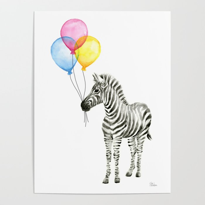 700x700 Zebra With Balloons Watercolor Baby Animals Poster By Olechka