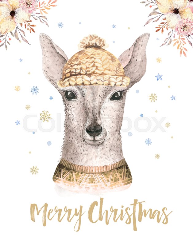 629x800 Merry Christmas Watercolor Card With Little Fawl. Baby Deer Happy