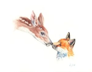300x235 Original Watercolor Baby Fox And Baby Deer Ebay