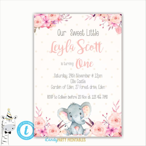 570x568 Girl Elephant Baby Shower Invitation, Safari Elephant Invitation