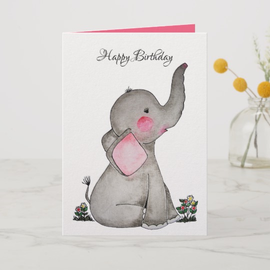 540x540 Watercolor Cute Baby Elephant With Blush Amp Flowers Card Zazzle.co.uk