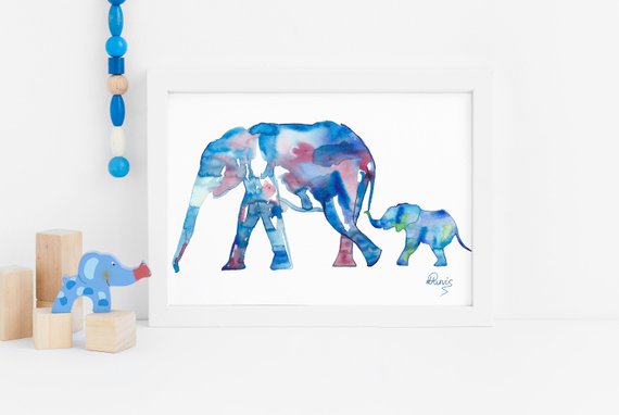 570x382 Baby Elephant Art Mother Baby Elephant Watercolor Painting Etsy