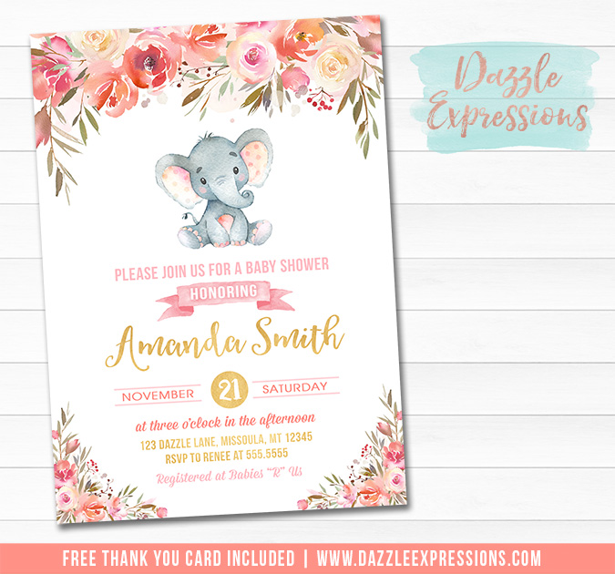 675x630 Printable Elephant Floral Watercolor Baby Shower Invitation