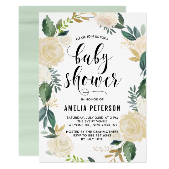 540x540 Watercolor Flowers With Gold Glitter Baby Showers Invitation