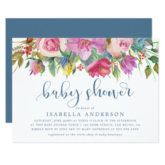 540x540 Floral Watercolor Amp Baby Shower Script On Blue Invitation