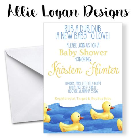 480x480 Rubber Ducky Watercolor Baby Shower Invitation Allie Logan Designs