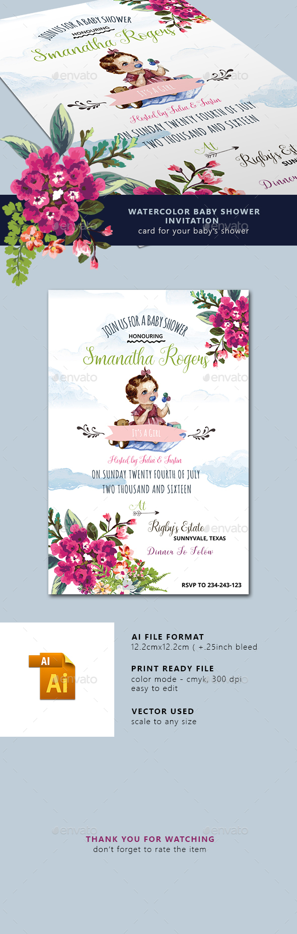 590x1856 Watercolor Baby Shower Invitation By Squirrel92 Graphicriver