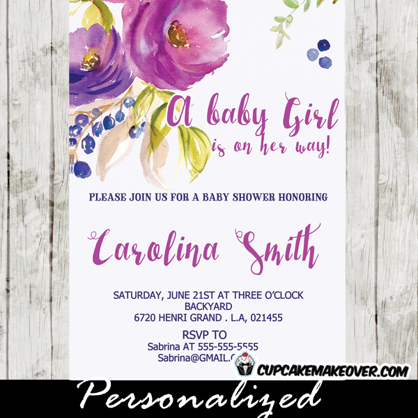 600x600 Watercolor Purple Floral Baby Shower Invitations, Personalized