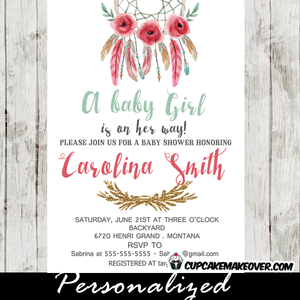 600x600 Boho Floral Dreamcatcher Baby Shower Invitation, Watercolor Pink