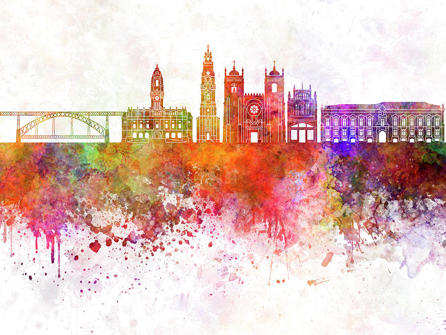 900x675 Oporto V2 Skyline In Watercolor Background Painting By Pablo Romero