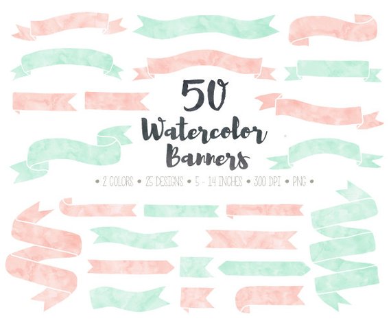 570x474 Watercolor Banners Clip Art. Hand Drawn Doodle Ribbon Banners. Etsy