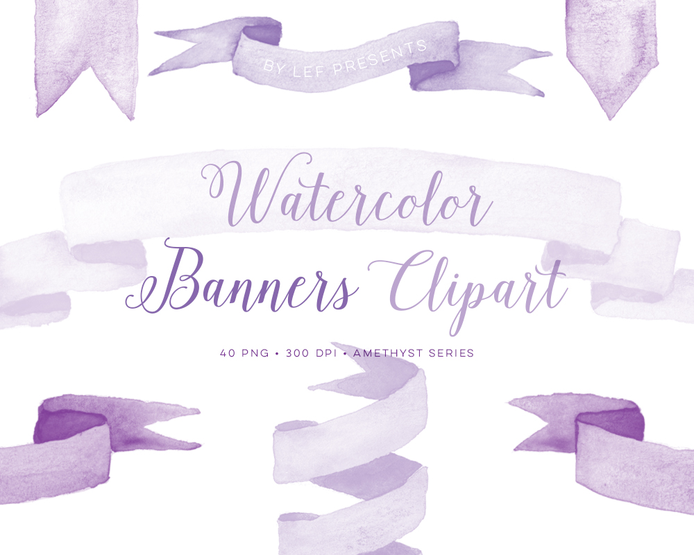 1000x800 Amethyst Watercolor Banner Clipart. Purple Ribbon Graphics. Hand