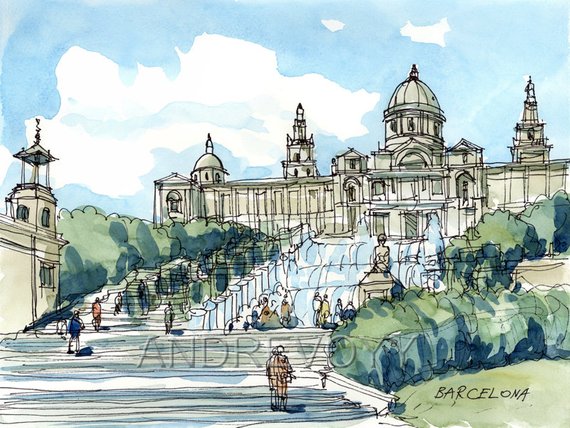 570x428 Barcelona Spain Art Print From An Original Watercolor Painting