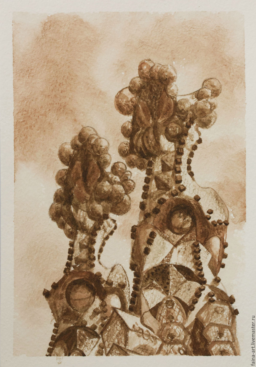 1047x1500 My Barcelona, Watercolor, Grisaille, Sepia, Gaudi, A Series Of