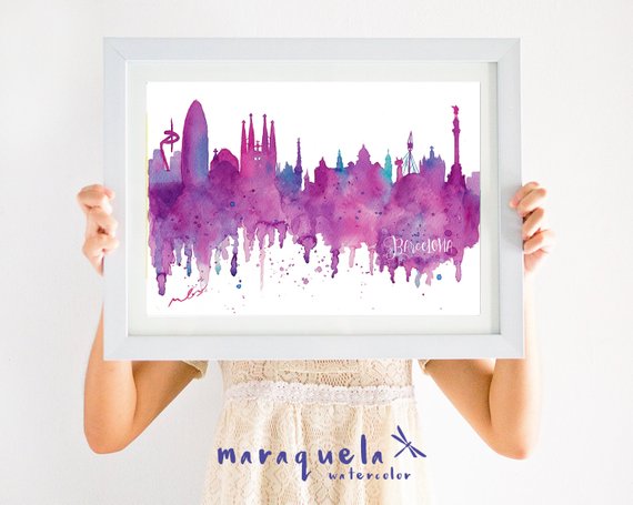 570x455 Barcelona Skyline Pink And Blue Hues Watercolor Affiche Etsy