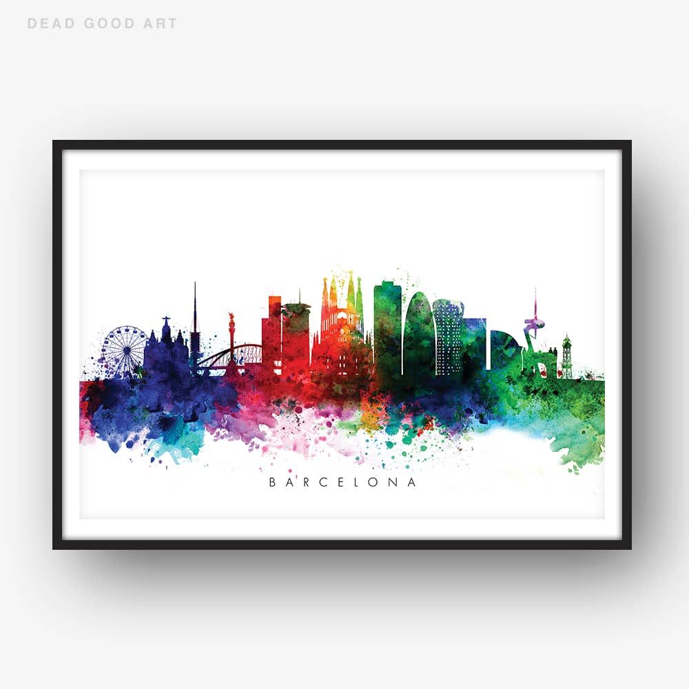 1000x1000 Barcelona Skyline, Multi Color Watercolor Print Dead Good Art