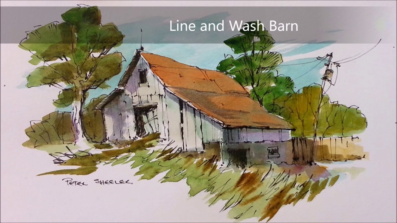 1280x720 Line And Wash Watercolor Barn Demonstration. Redone In Real Time