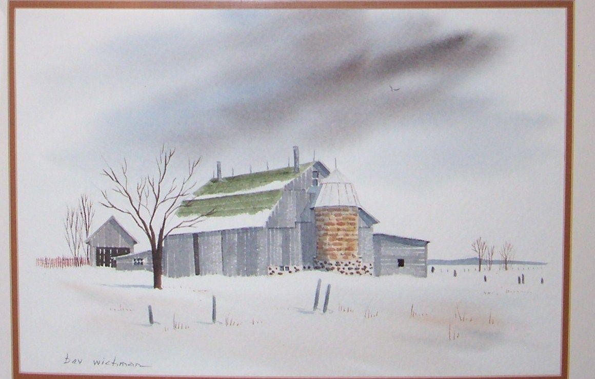 1160x739 Signed Watercolor Wisconsin Barn Art Winter Snow Covered Barn