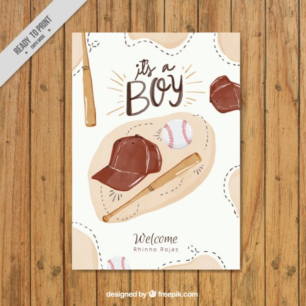 626x626 Watercolor Baseball Elements Baby Shower Card Vector Premium