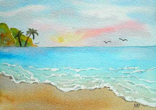 500x354 Sale Hawaiian Sunrise Sfa 4x6 Original Watercolor Ocean Beach