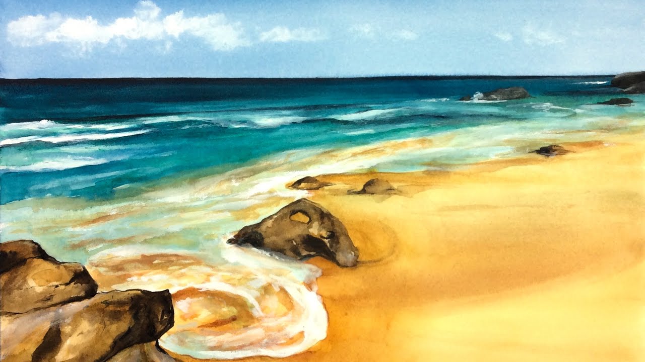 1280x720 Watercolor Sandy Beach Painting Demonstration