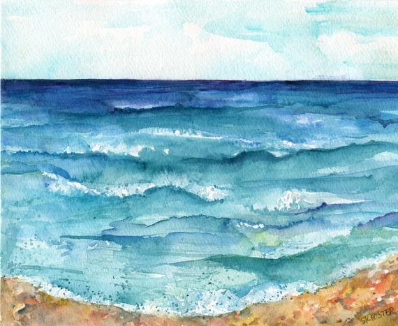 570x467 Seascape Original Watercolor Painting Original Beach Ocean Etsy