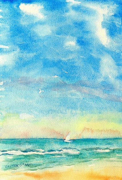 424x627 Original Watercolor Painting, Beach Scene, Colorful Sky And Ocean