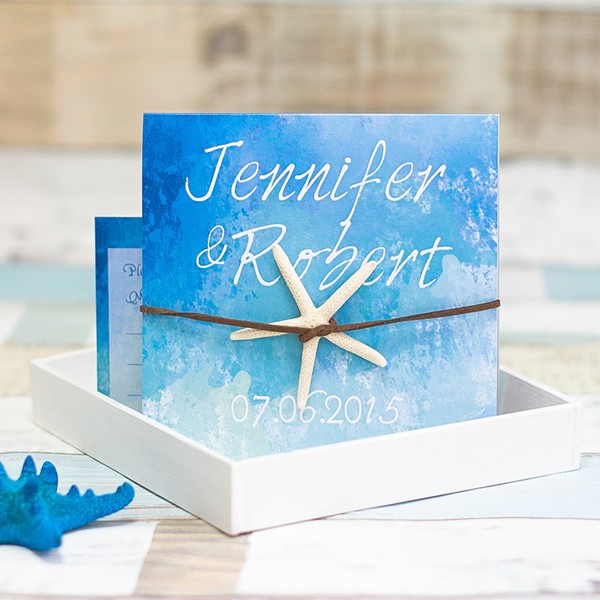 600x600 Sky Blue Watercolor Starfish Beach Wedding Invitations Swws065