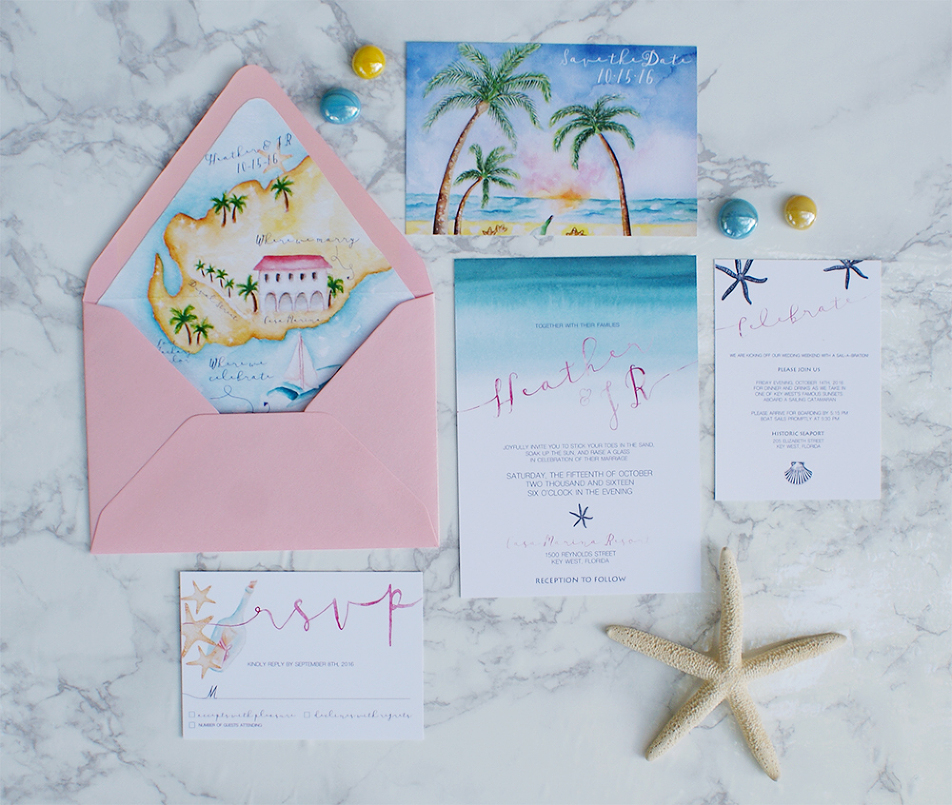 952x805 Watercolor Beach Wedding Invitations With A Wedding Map Bohemian