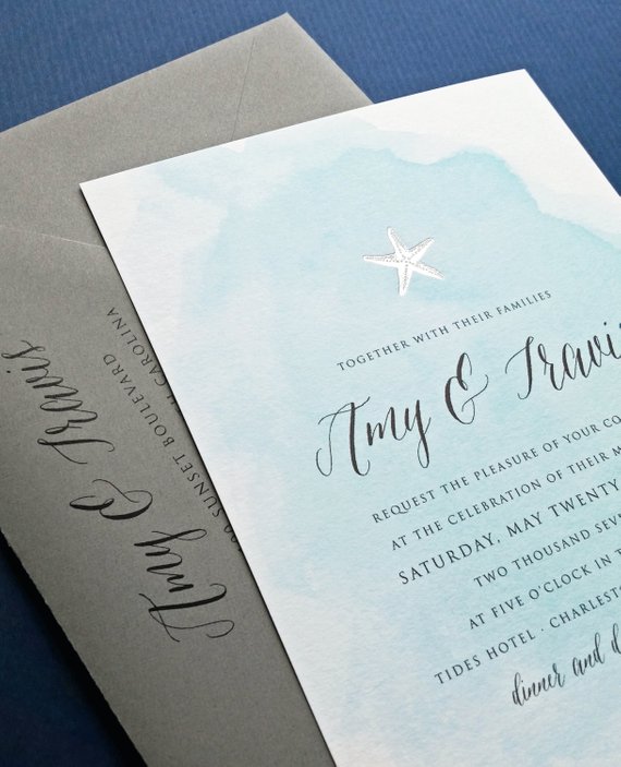 570x703 Amy Blue Watercolor Beach Wedding Invitation Sample With Gold Etsy