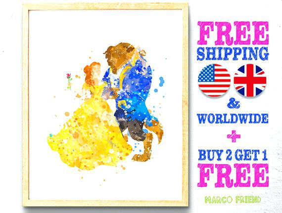 570x431 Beauty And The Beast Print Sheet Cake Watercolor Painting Wall Art