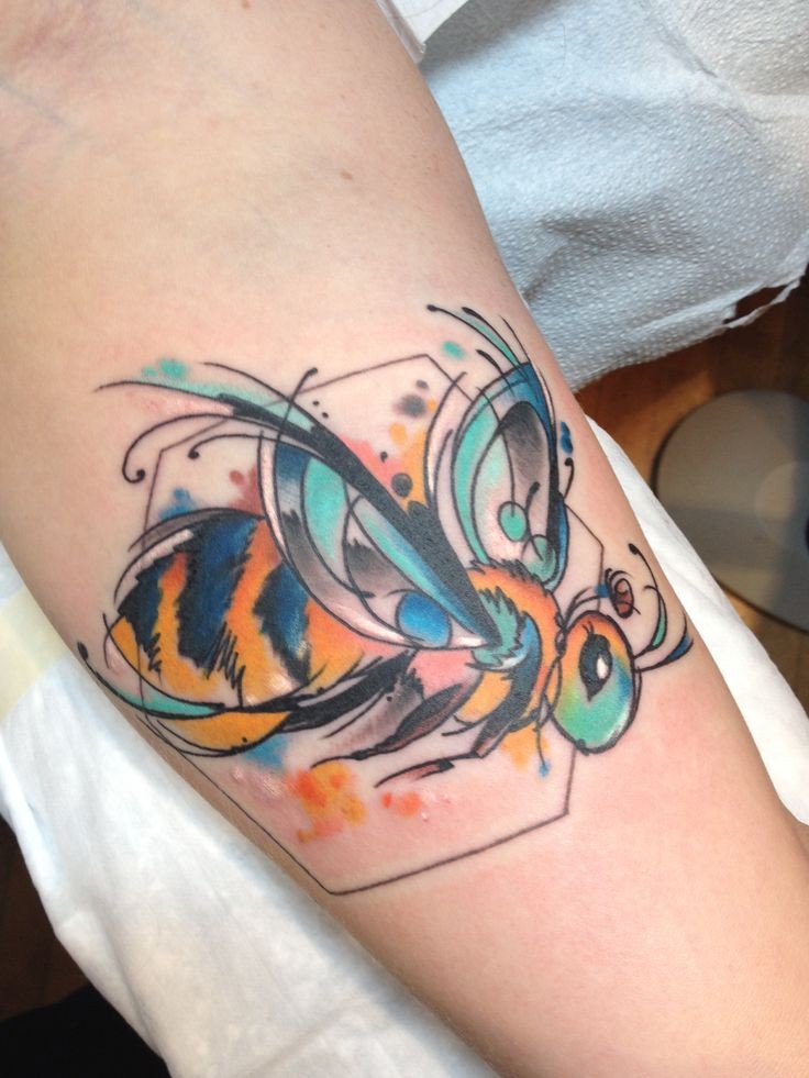 736x981 Wonderful Bee Watercolor Tattoo On Forearm For Girls