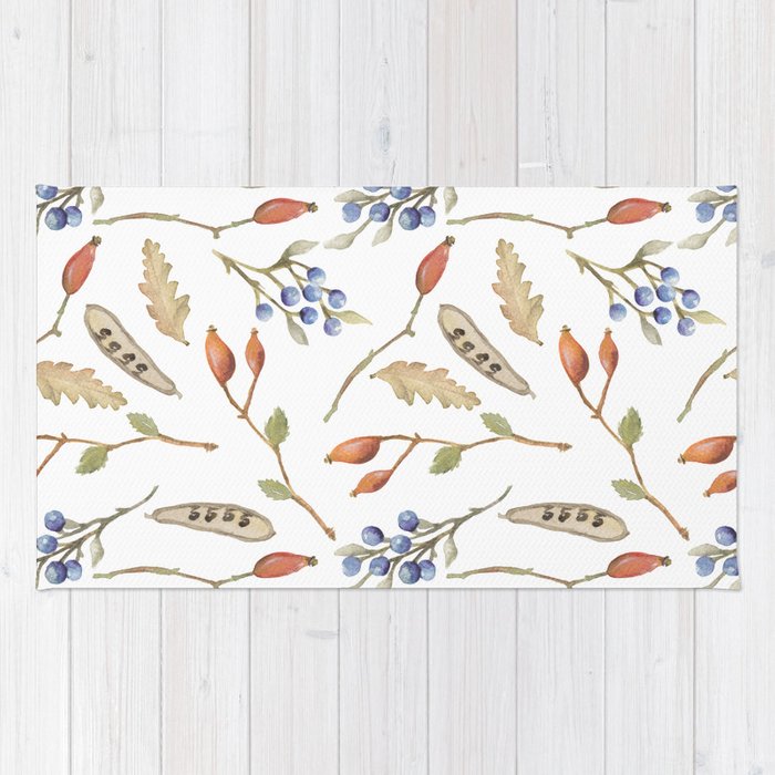 700x700 Rustic Brown Blue Green Watercolor Berries Autumn Floral Rug By