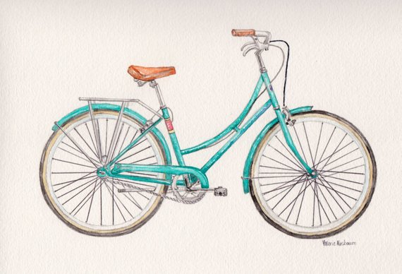 570x388 Bicycle Watercolor Print Blue Bike Painting Vintage Bicycle Etsy